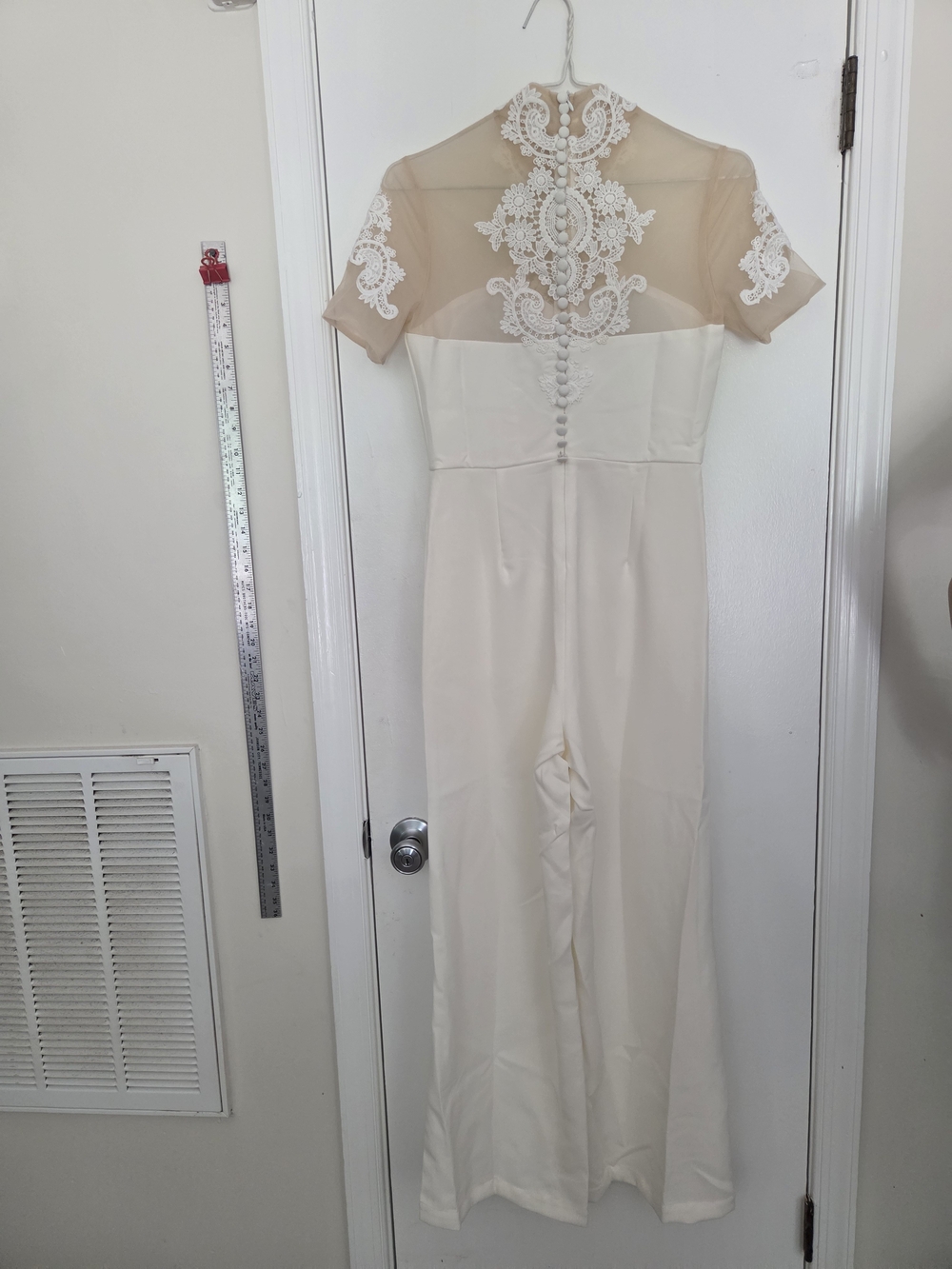 Ivory Cream Guipure Lace Illusion Neck Wide Leg Bridal Jumpsuit w/ Pockets Small - Picture 4 of 6